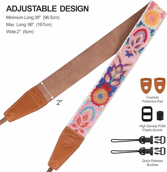 Padwa Lifestyle Colorful Knit Camera Strap - 2" Full Grain Leather Ends Camera Straps for Photographers, Vintage Embroidered Cotton Soft Suede Fabric Padded Strap Quick Release fits All Cameras