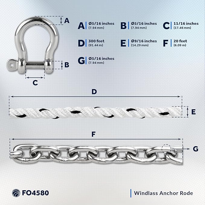 Five Oceans Windlass Anchor Rode, Hand-Spliced Anchor Rope and Chain Combination Kit, Nylon 3-Strand Rope, HT G4 Stainless Steel Chain for Boat Anchor System - Multiple Sizes