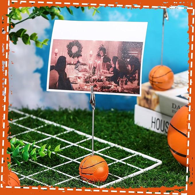 Jetec 12 Pcs Resin Sports Ball Base Memo Clips with Alligator Wire Table Number Card Place Holders Photo Stand for Office Menu Wedding Party Events Decoration(Basketball)