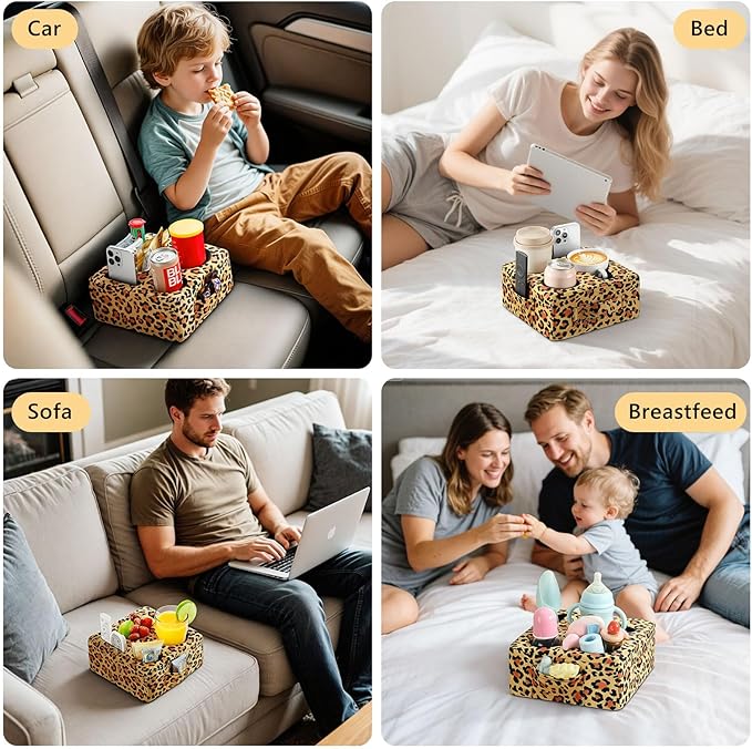 Luxspire Couch Cup Holder Tray, Couch Cup Holder Pillow with 4 Holes, Side Pocket and Handle, Couch Caddy Pillow for Phone/Drinks/Remote Control/Snacks, Leopard Print