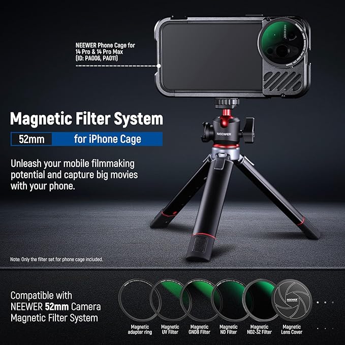 NEEWER 52mm Magnetic Filter for Phone with Adapter Ring/4 Points Star/True Color CPL/1/4 Black Diffusion Filter Compatible with SmallRig NEEWER Phone Cage with M Lens Mount for iPhone 14 13 12 Series