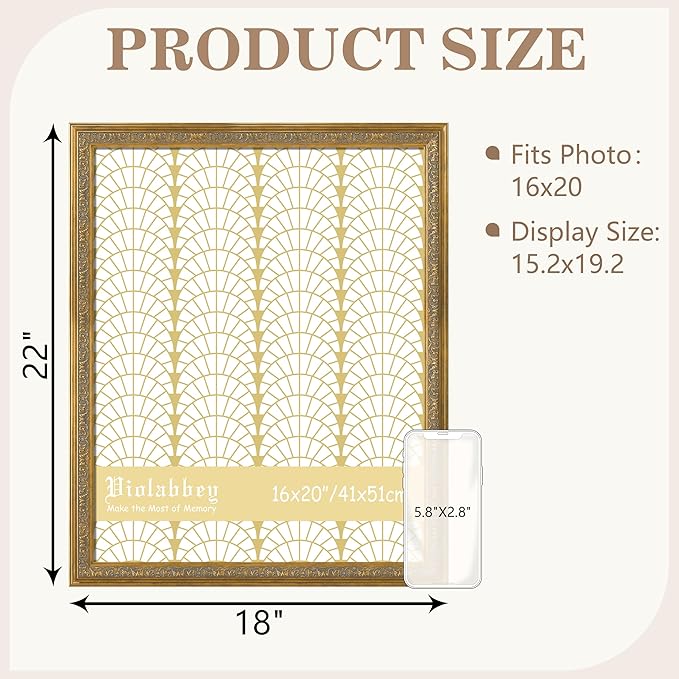 VIOLABBEY 16x20 Gold Frame, Vintage Poster Picture Photo Frames Ornate without Mat for Wall Hanging