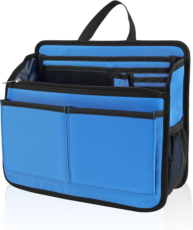 Small Rugged Organizer Insert for Briefcase Tote Shoulder Messenger Bag-19 Pockets,Durable Padded Nylon,Handle-Blue