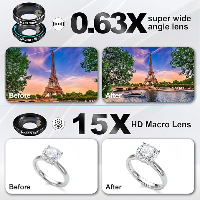 Phone Camera Lens Kit 21 in 1 with Universal 18x Telephoto Lens with Tripod 0.63x Wide Angle 15x Macro 198° Fisheye 2X Telephoto Cpl Compatible with Most Smartphone