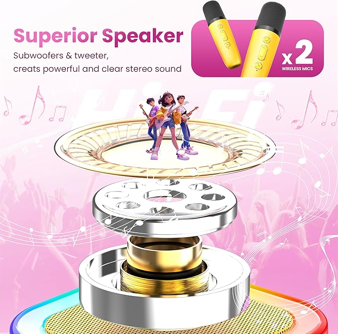 Karaoke Machine for Kids Adults, Portable Bluetooth Speaker with 2 Wireless Karaoke Microphones, 2026 TOP Birthday for Girls 3,4,5,6,8+Year Old Toddler Toys Karaoke Player(Yellow)