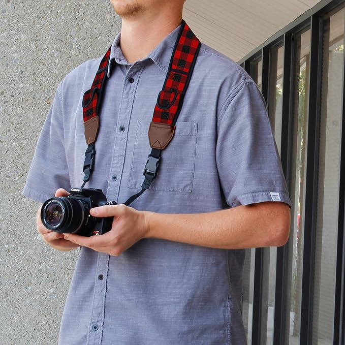 USA Gear TrueSHOT Camera Strap Neoprene Camera Straps - Padded Neck Strap, Pockets, and Quick Release Buckles - Compatible with Canon, Nikon, Sony and More DSLR and Mirrorless Cameras (Red Plaid)
