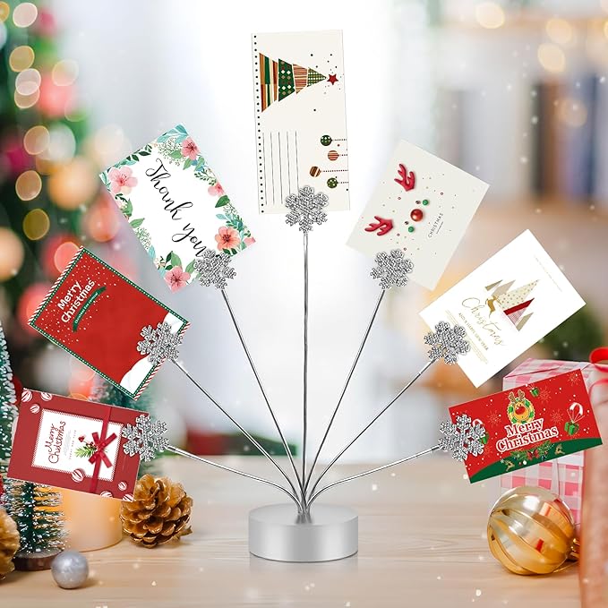 FaitAtten 7-Branch Family Desktop Photo Tree Holder Clip Round Base, Card Picture and Memo Desk Frame Display Stand for Wedding Party Christmas Photo Clip Holder Table Numbers (Snowflake)