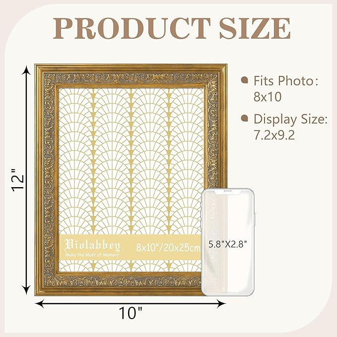 VIOLABBEY 8x10 Picture Frame Gold, Vintage Photo Frames Ornate without Mat for Tabletop or Wall Hanging