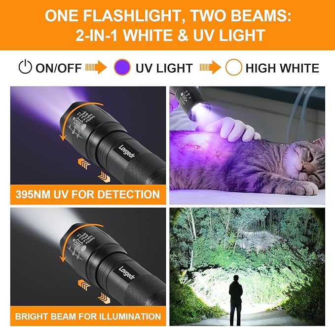 6 Pack 2-in-1 UV Flashlight & White Light, High Lumens Mini Flashlight, Portable Black Light for Pet Urine Detection, Resin Curing, AC Leak, Camping, and Everyday Use