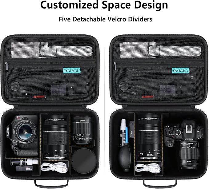 RAIALL Camera Case for Canon EOS Rebel T7/R50/R50V/R100/R6 Mark II/R5/ R8/R10/RP/R7/Sony/Nikon D7500 DSLR Camera, Lens, Tripod, Hard Protective Travel Bag with a Shoulder Strap and 5 Dividers, Black