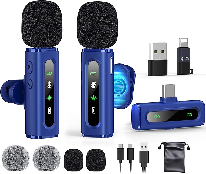 USB C Lavalier Microphone Wireless Mini Mic for Type-C Android Phone/Tablet/PC Video Recording Clip-on Mics with Rotatable Clip&Denoise Recording, Ideal for Vlog Tiktok Youtube Content Creator, Blue