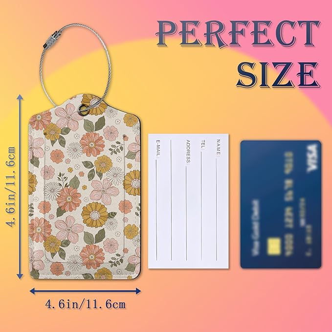 Luggage Tags for suitcases,2 Pack Retro Groovy Boho Flower Luggage Tag,Leather Stainless Steel Loop Label Tag for Women Men Girls Travel Bag Suitcase