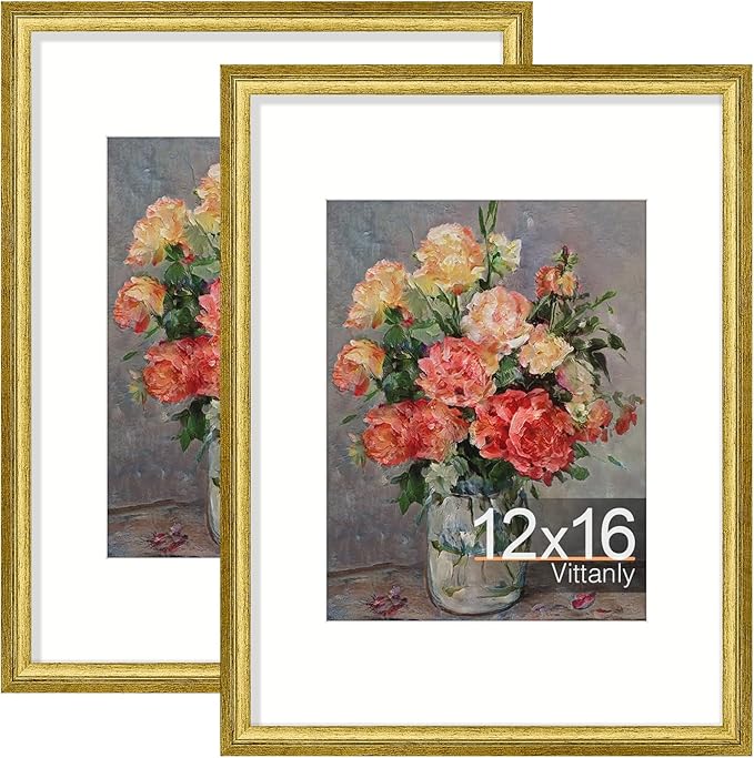 Vittanly 12x16 Picture Frames Set of 2, Ornate Vintage Photo Frame for Wall Mount, Display 8.5x11 Pictures with Mat or 12x16 without Mat, Rustic Gold