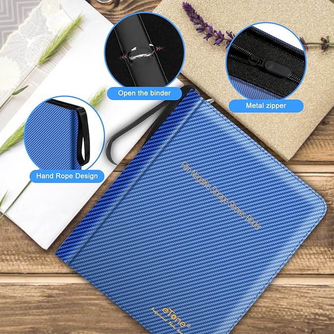 eTone Film Negative Storage Box, PU Leather 3-Ring Binder Album, Gold Foil, 13.18x7.08x1.96 Inch, Velvet Lined for 35mm 120 4x5 8x10 Negatives (Blue)