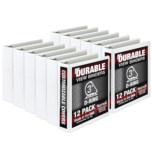 Samsill Durable 3 inch 3 Ring Binder, Made in USA, D Ring Binder, FSC 100% Recycled Chipboard, White, 12 Pack