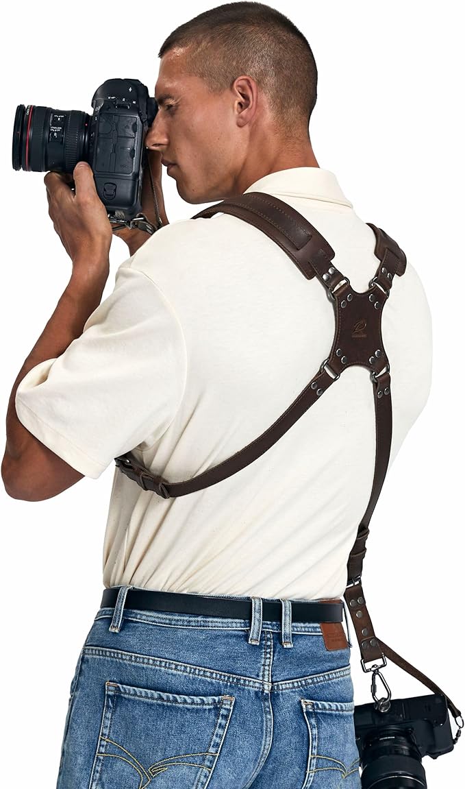 Padwa Lifestyle Dark Brown Dual Camera Harness - Dual Shoulder Full Grain Leather Strap for DSLR/SLR Cameras