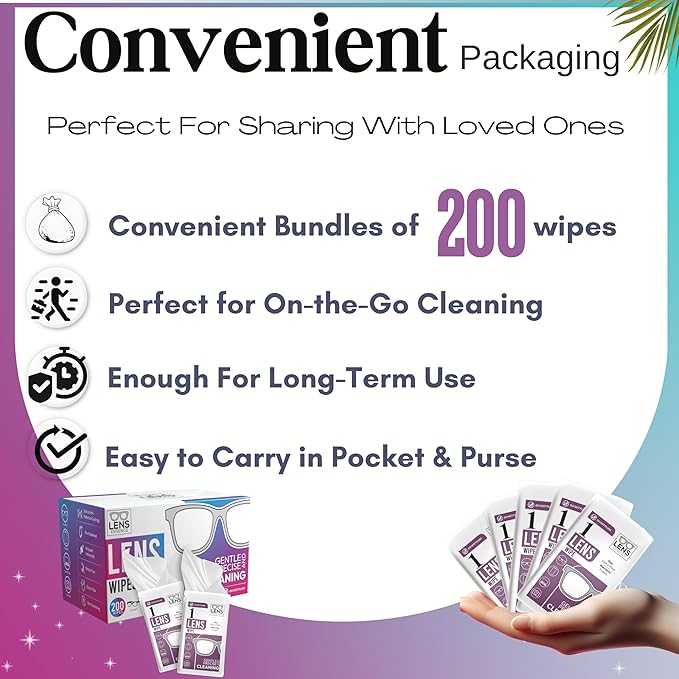 Eye Glasses Cleaner Wipes - Lens Wipes for Eyeglasses - Individually Wrapped Wipes - Multipurpose Cleaner for Cameras and Sunglasses, 200 Count