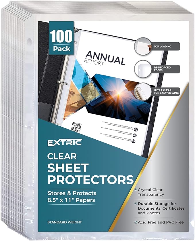 Sheet Protectors, 100 Count Clear Page Protectors for 3 Ring Binder, Top Loading Plastic Sleeves 8.5 x 11 inch