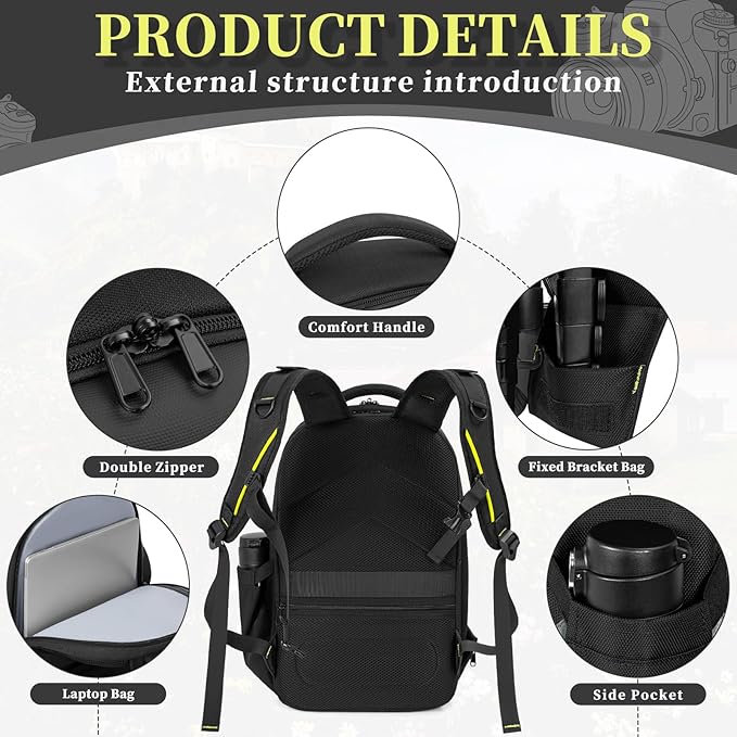 Camera Backpack, Hardshell DSLR Photography Camera Bag with Rain Cover, Waterproof Hard Shell Camera Case with Tripod Holder & 15.6" Laptop Compartment Compatible with Canon/Nikon/Sony/DJI Mavic Drone