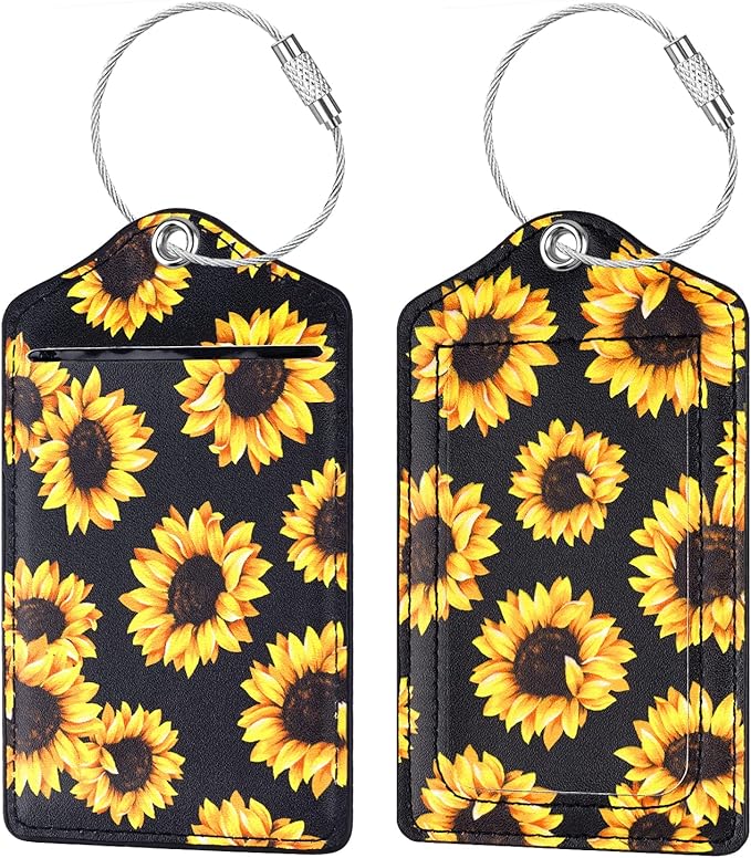 (Set of 2) Luggage Tag for Suitcases Leather Privacy Cover ID Label with Stainless Steel Loop, Travel Bag Tags Suitcase Labels, Sunflower
