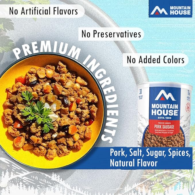Mountain House Freeze-Dried Pork Sausage #10 Can – 25 Servings per Can – Fully Cooked, Ready-to-Eat Emergency Canned Food Supply – High-Protein Canned Meat for Camping, Hiking, Survival,– 30-Year Taste Guarantee – Made in USA – Pack of 6