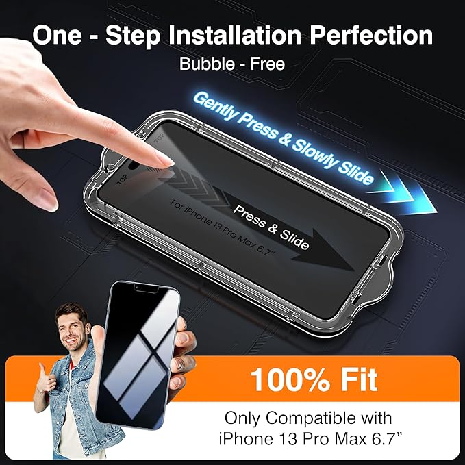 EZ-GLAZ-4+2 Pack for iPhone 13 Pro Max Privacy Screen Protector[6.7 inches] With Camera Lens Protector, [Drop Protection] 9H Hardness Full Coverage Anti-Spy Tempered Glass Film, Easy to install