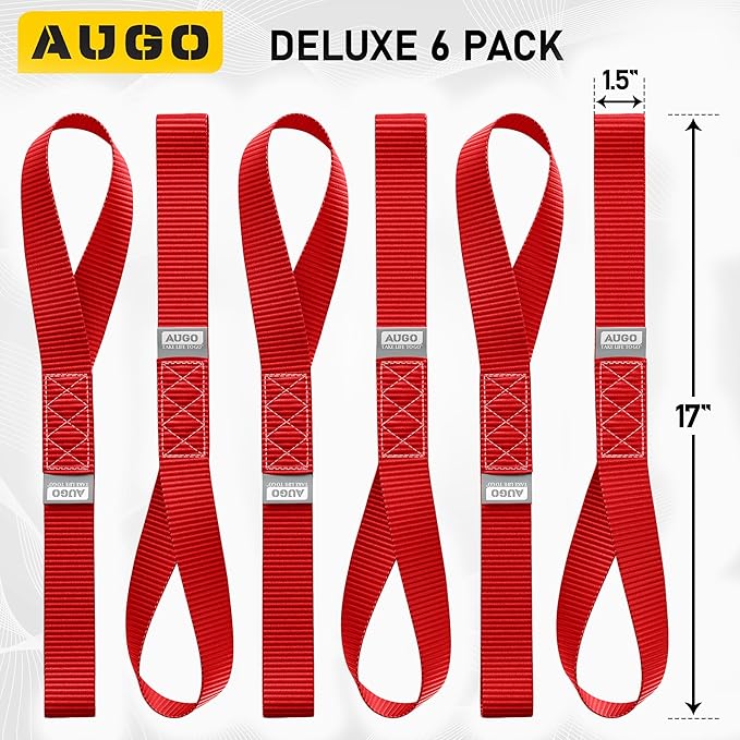 AUGO Heavy Duty Soft Loops –Pack of 6-1.5” x 17” Tie Down Anchor Straps for Use w/Ratchet Strap Hooks – 3000Lb Load Capacity & 10,000Lb Break Strength – Great for Motorcycle, Bike, Roof Rack, Etc.
