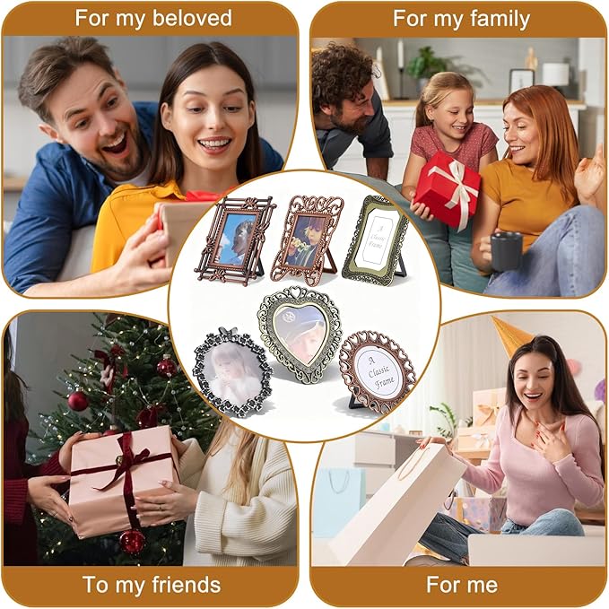 6 Pack Mini Vintage Picture Frame Tiny Metal DIY Photo Frames Wallet Size Picture Frames Tiny Metal Pictures Frame Irregular Size for Tabletop and Wall Display