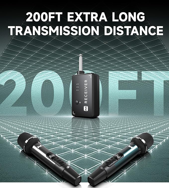Wireless Microphone, Metal Dynamic Wireless Microphones with One-to-One Chip Connection and Rechargeable Receiver, 40H Duration, 200FT Range Receiving, Volume Control Karaoke Microphone for Singing