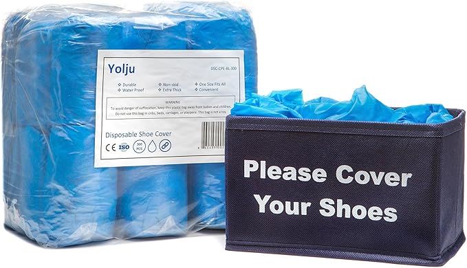 Yolju 300 Pack Disposable Shoe Covers with a Bonus Small Storage Box | Waterproof, Durable CPE Material