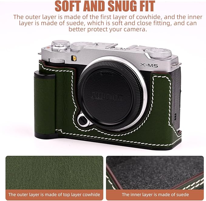 Uchandmade Handmade Genuine Leather Camera Half Case for Fujifilm X-M5/Fujifilm X-M5 Camera Case/Fujifilm X-M5 Case - Top Layer Cowhide Body + Metal Base Plate+ Hand Shank Design (Green M-BOX)