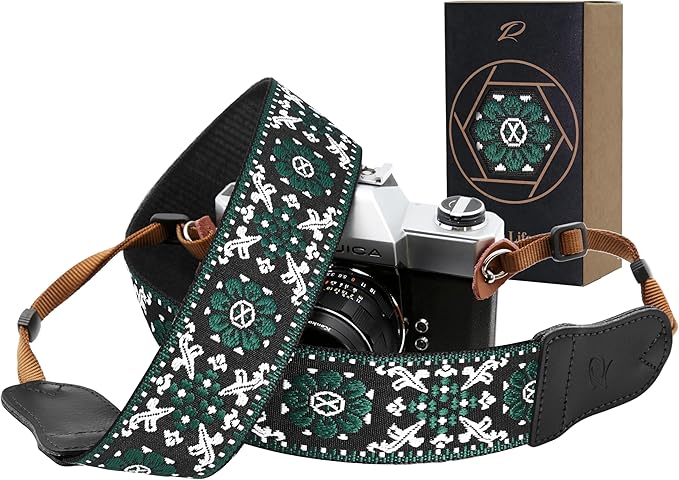 Padwa Lifestyle Camera Strap - 2" Cowhide Leather Head Cotton Camera Straps for Photographers,Vintage Jacquard Embroidery Adjustable Neck & Shoulder Strap for ALL DSLR/SLR Cameras (Green Flower)