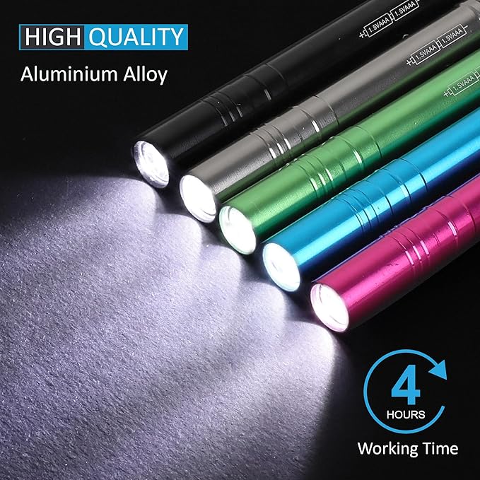 5-Pack LED Penlight Set with 10-Piece Pre-Installed Batteries, Aluminum Handheld Flashlights with Clip for Night Walks, Inspection, Emergency