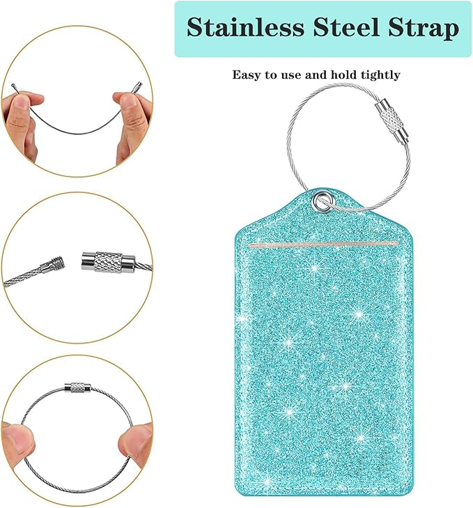 (Set of 2) Luggage Tag Leather Privacy Cover ID Label Address Card with Stainless Steel Loop, Travel Bag Tags Suitcase Labels, Blue Green Glitter