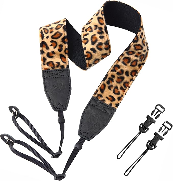 Padwa Lifestyle Leopard Velvet Camera Strap - 2" Double Layer Full Grain Cowhide Leather Head Camera Straps for Photographers,Unique Soft Velvet Fabric with Quick Release fits all Cameras