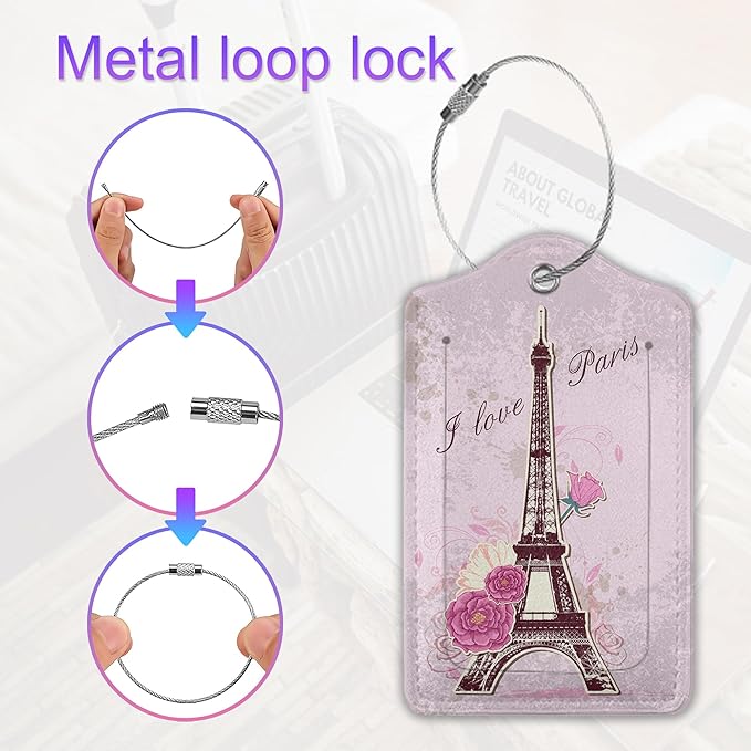 2 Pack Leather Luggage Tag for Suitcase Paris Tower I Love Paris Unique Travel Tags with Privacy Cover ID Label & Stainless Steel Loop for Men and Women Baggage