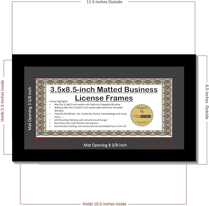Creative Picture Frames [5.5x10.5bk-b] Black Business License Certificate Frame for Professionals Holds 3.5 by 8.5 with Black Mat Includes Self Standing Easel Back with Hanger