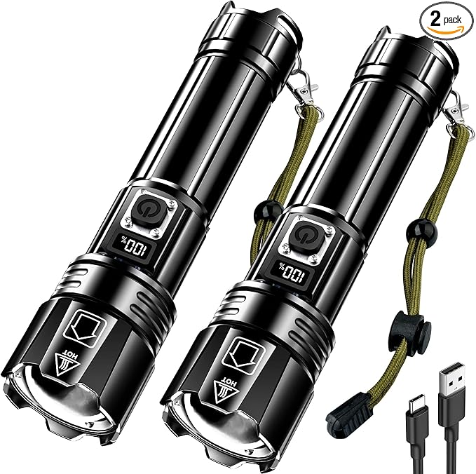 AKNEAR Flashlight Rechargeable high lumens Super Bright (Digital Display, 2 Pack)