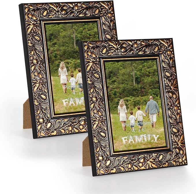 Edenseelake 4x6 Picture Frames Set of 2, Vintage Flower Relief Photo Frame 4 by 6 for Tabletop or Wall Display, Black-Gold