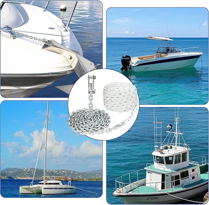 Anchor Rope Chain Rode for Boat Windlass, 1/2" Anchor Line 150ft with 1/4" G4 Hot-Dipped Galvanized Anchor Chain 15ft and Swivel Connector Kit
