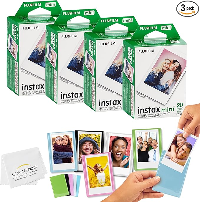 Fujifilm Mini Instax Films + Colored Magnet Photo Frames + Quality Photo Microfiber Cloth (80 Prints)