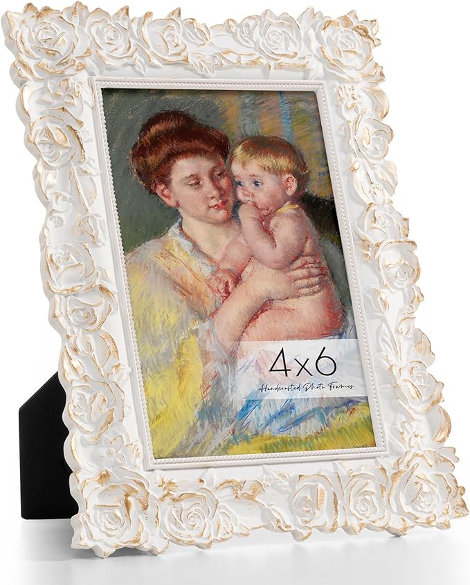 Axeman Ornate Picture Frames 4x6 White Gold | Vintage 4x6 Picture Frame with Real Glass | Antique Rose 4 x 6 Picture Frame for Wall & Tabletop Display | White Gold 4 x 6 Frame