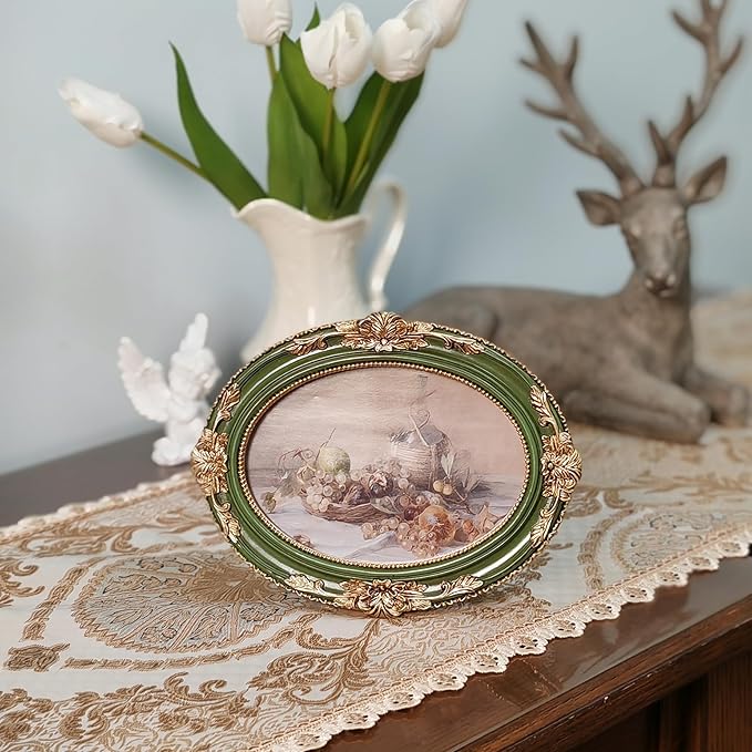 Vintage Picture Frames 4x6 Ornate Green and Gold Antique Pictue Frames with Real Glass Cover for Wall & Tabletop Display Victorian Home Decor Gallery Wall Decor,Oval