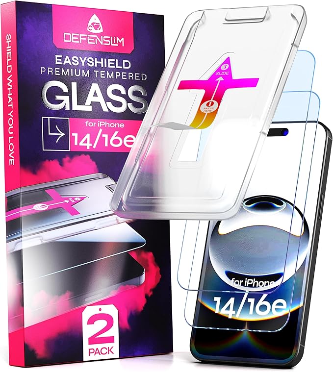 Defenslim Screen Protector for iPhone 14 / 16e (2Pack), Easy Auto-Align Install Kit, 6.1" Tempered Glass, 9H Hardness, Ultra HD Clear, Case Friendly, EasyShield