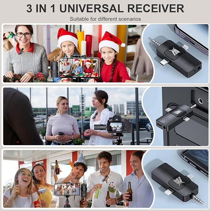 Aarkani Wireless Lavalier Microphone 3-in-1 for iPhone, Android, DSLR Camera – Dual Mic Set with Receiver (Lightning, USB-C, 3.5mm), Plug & Play for Video Recording, YouTube, Vlog, Interview