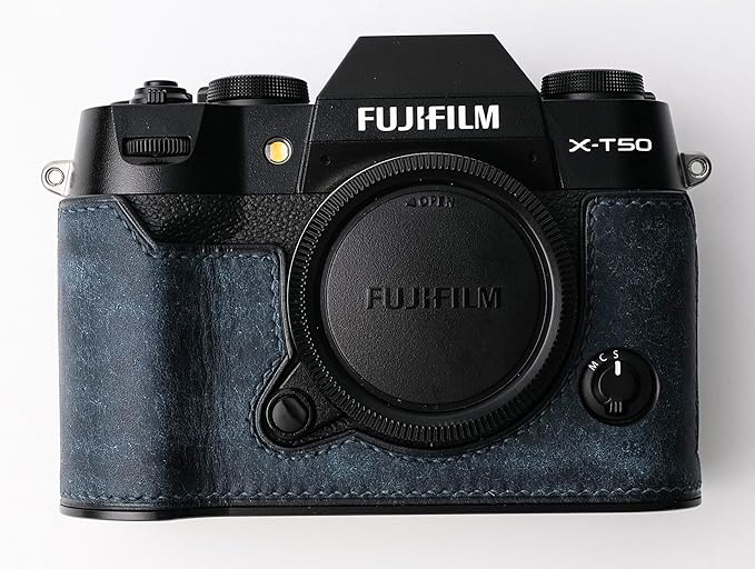 handmade Genuine Leather Camera Half Case for Fujifilm X-T50 - Top Layer Cowhide Body + Metal Base Plate - Hand Shank Free Design (Dark Blue)