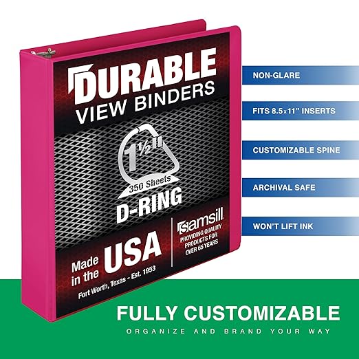 Samsill Durable 1.5 Inch Binder, Made in The USA, D Ring Binder, Customizable Clear View Cover, Magenta, Holds 350 Pages
