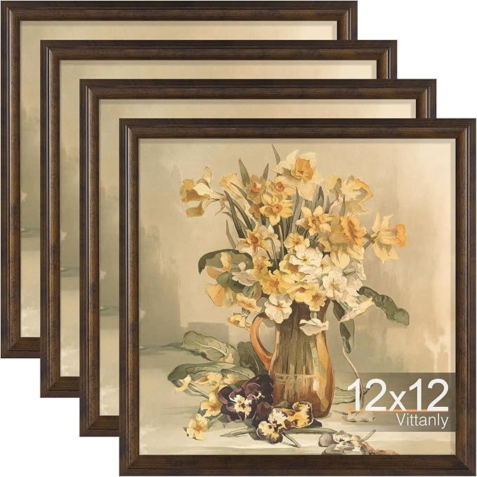 Vittanly 12x12 Picture Frame Set of 4, Vintage Photo Frame for Wall or Tabletop, Display 8x8 Pictures with Mat or 12x12 without Mat, Rustic Farmhouse Home Decor, Brown