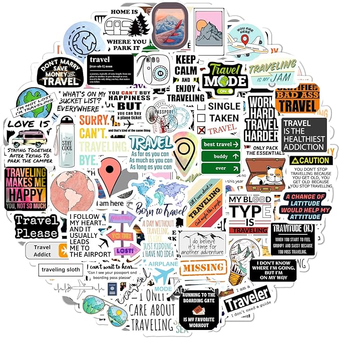 BulbaCraft 100Pcs Funny Travel Stickers, Scrapbook Stickers Travel, Travelers Notebook Accessories, Funny Travel Laptop Decals, Gifts for Women & Men