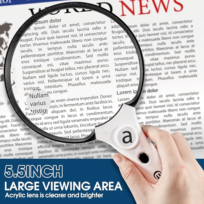 Large Magnifying Glass with Light, Magnifier Handheld Illuminated Lighted Magnifier with 3 LED Lights 1 UV Light Storage Bag Clean Cloth for Seniors Reading Inspection